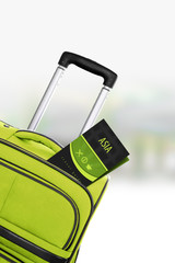 Asia. Green suitcase with guidebook.