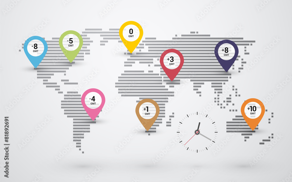 Wall mural simple map of the world with timestamps and clock