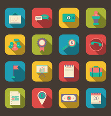 Flat icons of business, office and marketing items, long shadow