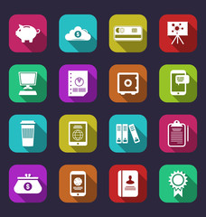 Colorful business and office objects, flat icons with long shado
