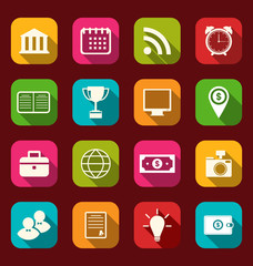 Colorful business and office objects, flat icons with long shado