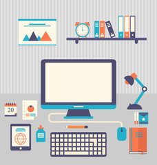 Flat icons of trendy everyday objects, office supplies and busin