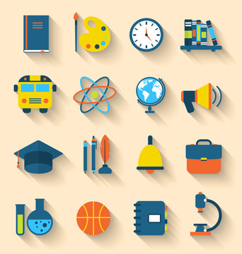 Illustration Set of Education Flat Colorful Icons with Long Shad
