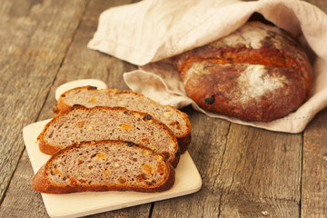 rustic bread with raisins, chopped into slices
