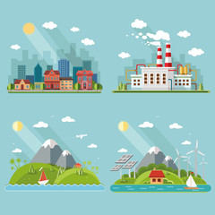 Nature icons set. Mountain landscape, cityscape, energy theme, i