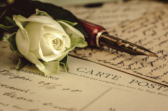 alte Postkarte mit Schreibfeder und Rose