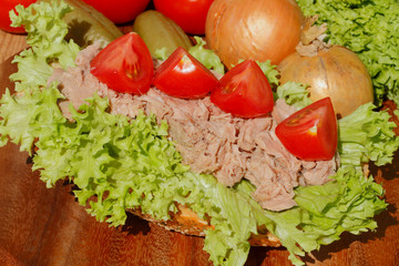 Fischbrötchen mit Thunfischfilet, Salat, Gewürzgurken, Zwiebeln