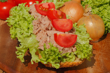 Fischbrötchen mit Thunfischfilet, Salat, Gewürzgurken, Zwiebeln