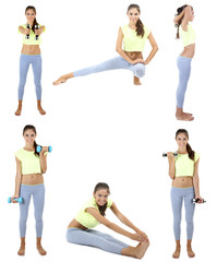 Beautiful young woman doing exercises in collage with space for text