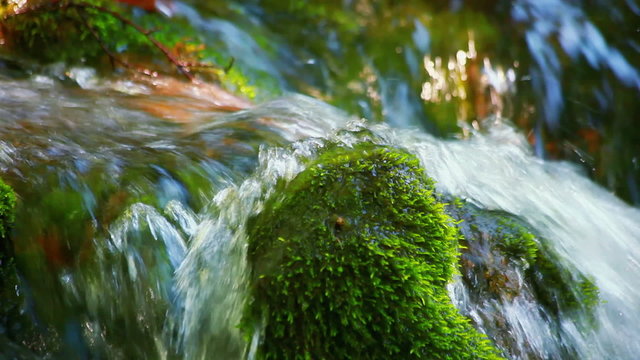 Stream of water flows over a green moss on a stone