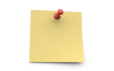 Realistic yellow sticky note with red pin on white background