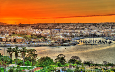 Sunset over Msida town in Malta