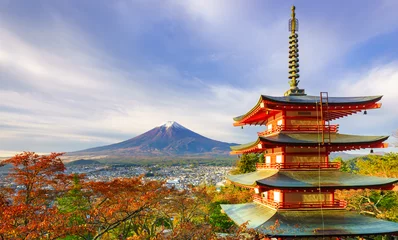 Foto op Canvas Mount Fuji met Chureito Pagoda bij zonsopgang, Fujiyoshida, Japan © lkunl