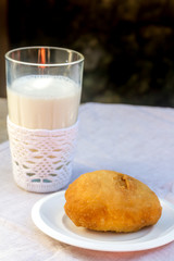 pirozhki, russian traditional food, with glass of milk, Meat pat