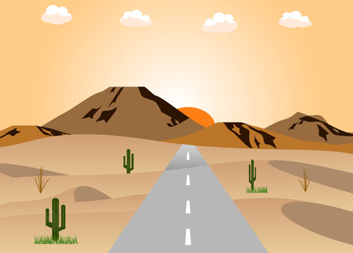 砂漠の道路　夕日