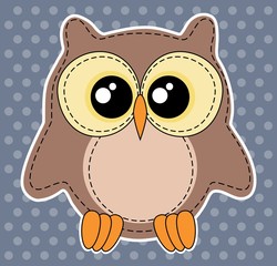 Cute owl label on dotted blue background