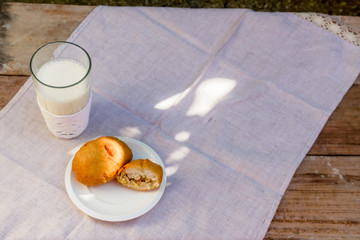 pirozhki, russian traditional food, with glass of milk, Meat pat