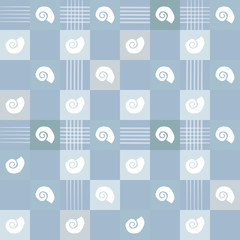 Sea snail repetitive pattern with blue squares and lines