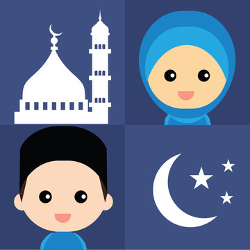 Set of cute Muslim character and elements