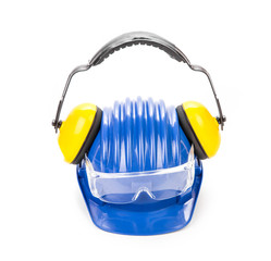 Glasses hard hat and ear muffs.