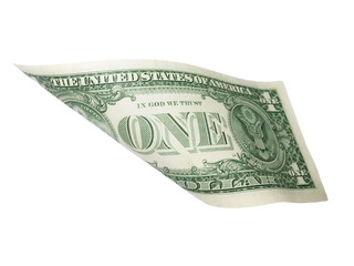 One dollar bill isolated falling on white background