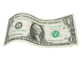 One dollar bill isolated falling on white background - obrazy, fototapety, plakaty