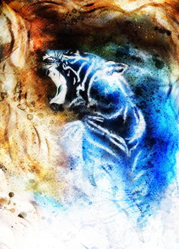 painting abstract tiger collage on color space background, wild