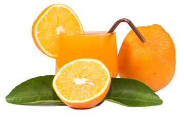 Orange juice and slices of orange isolated on white