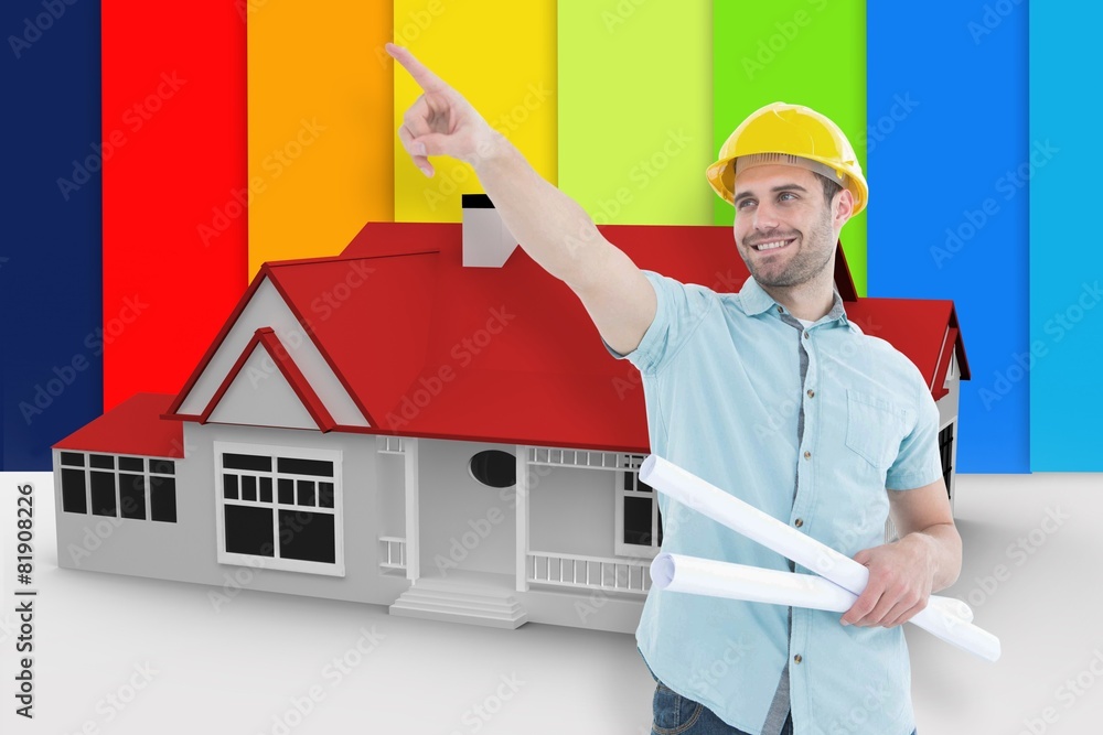 Poster Composite image of male architect with blueprints pointing away