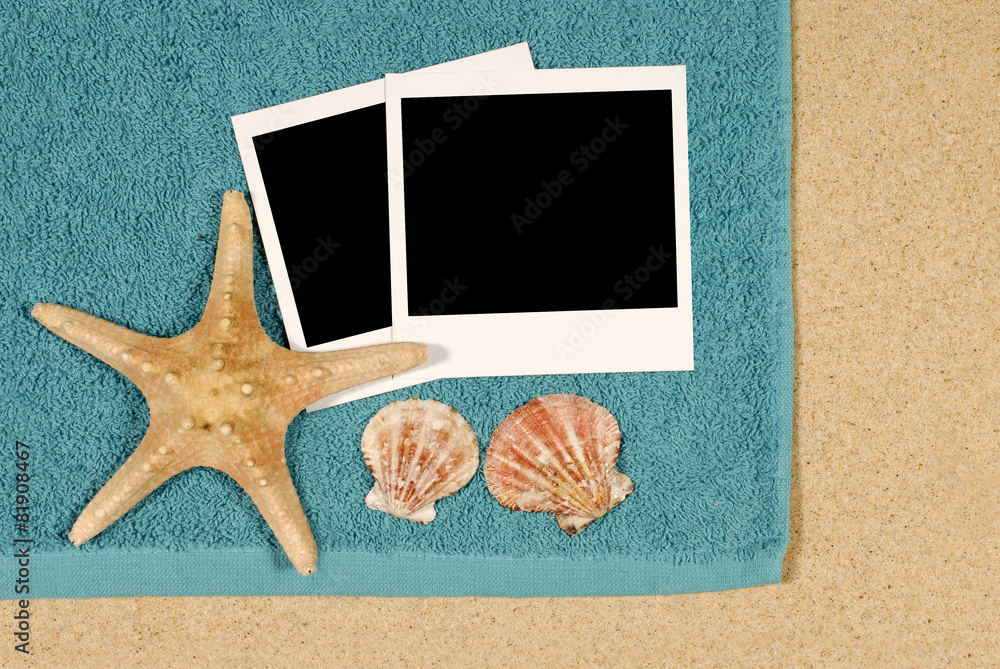 Wall mural two old polaroid style photo print frame on a summer vacation tropical holiday beach with starfish a