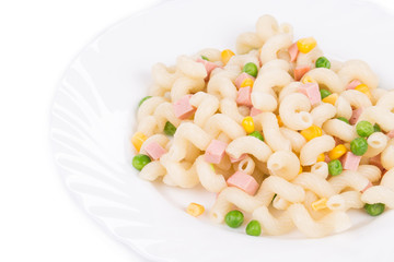 Pasta cavatappi with vegetables and sausage.