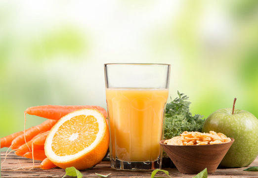 Fresh juice orange, Healthy drink on wood, breakfast concept
