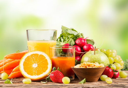 Fresh juice orange and carrot, Healthy drink on wood, breakfast 