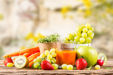 Fresh juice carrot, Healthy drink on wood, breakfast concept