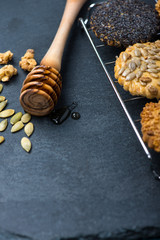 homemade healthy cookie with seeds and honey on cooling tray