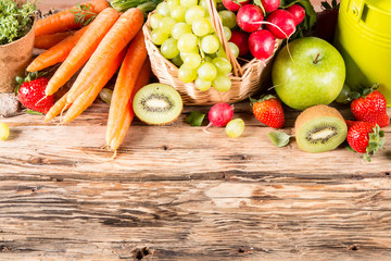 arden concept, fresh fruits and vegetables on wooden table 