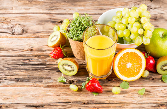 Fresh juice orange, Healthy drink on wood, breakfast concept