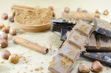 Buch of chocolate sticks, cinnamon and hazelnuts