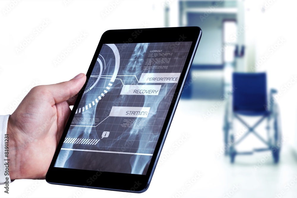 Poster composite image of man using tablet pc