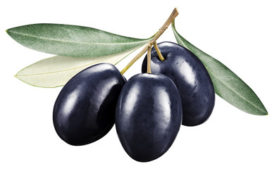 Black olives with leaves on a white background.