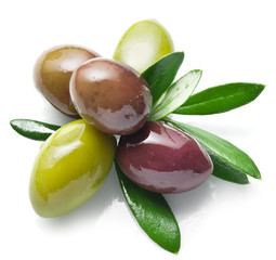 Olives with leaves on a white background.