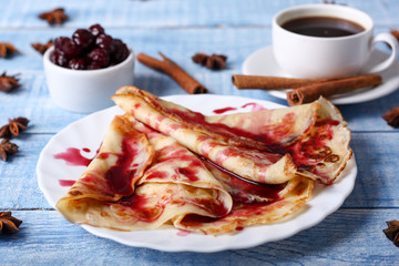 Breakfast pancakes with cherry jam