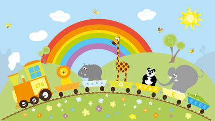 train with animals and hills, rainbow, flowers / vectors