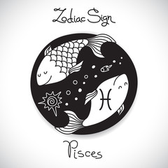 Pisces zodiac sign of horoscope circle emblem in cartoon style.