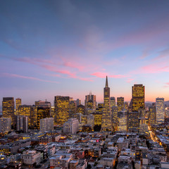 downtown San Francisco at sunset.