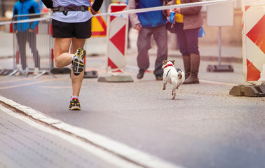 Unrecognizable young runner and a dog at the city race