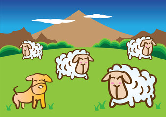 Shepherd Dog and Sheep Vector Cartoon Illustration