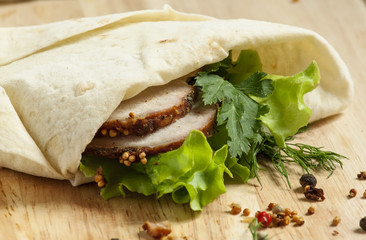 baked meat and pita bread, selective focus