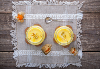 Panna cotta of almond milk with saffron