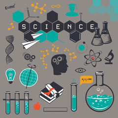 Science icons set, on a gry backgraund. Vector illustration